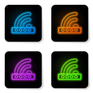 Beyaz arka planda yalıtılmış parlayan neon Wifi kilitli işaret simgesi. Şifre wi-fi sembolü. Kablosuz Ağ simgesi. Wifi bölgesi. Sınırlı erişim. Siyah kare düğme. Vektör İllüstrasyonu