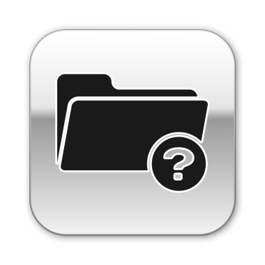 Siyah Bilinmeyen dizin simgesi beyaz arka planda yalıtılmış. Büyüteç ve klasör. Gümüş kare düğme. Vektör İllüstrasyonu