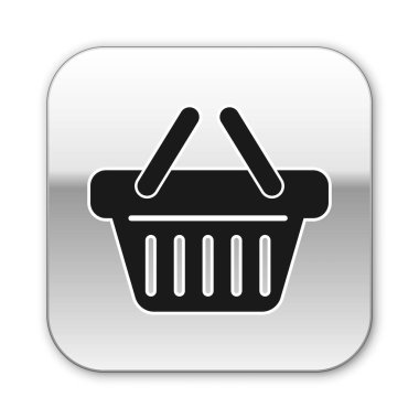 Beyaz arka planda yalıtılmış siyah alışveriş sepeti simgesi. Gümüş kare düğme. Vektör İllüstrasyonu