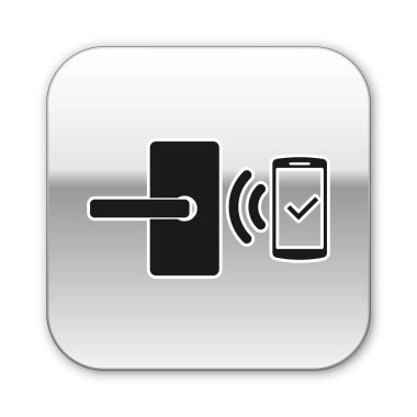 Beyaz arka planda yalıtılmış simge kilidini açmak için kablosuz teknolojiye sahip Siyah Dijital kapı kilidi. Kapı kolu işareti. Kavramın güvenlik akıllı ev. Gümüş kare düğme. Vektör İllüstrasyonu