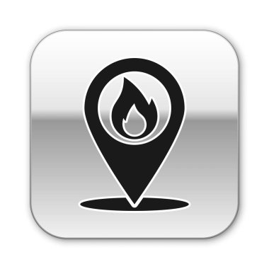 Beyaz arka planda izole edilmiş yangın alevi simgesine sahip Siyah Harita işaretçisi. Yakındaki yangın. Gümüş kare düğme. Vektör İllüstrasyonu