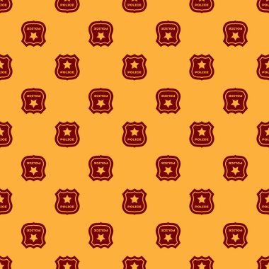 Kırmızı Polis rozeti simgesi kahverengi arka plan üzerinde sorunsuz desen izole. Şerif rozeti işareti. Düz tasarım. Vektör İllüstrasyonu