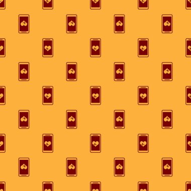 Kalp hızı monitör übonu ile Kırmızı Smartphone simge kahverengi arka plan üzerinde izole dikişsiz desen. Vektör İllüstrasyonu