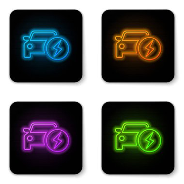 Parlayan neon Elektrikli araba ve elektrik kablosu fişi şarj simgesi beyaz arka plan üzerinde izole. Yenilenebilir eko teknolojiler. Siyah kare düğme. Vektör İllüstrasyonu