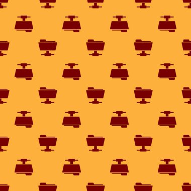 Kahverengi arka plan üzerinde Kırmızı Ftp klasör simgesi dikişsiz desen. Yazılım güncellemesi kavramı, ftp transfer protokolü, yönlendirici, takım çalışması araç yönetimi, kopyalama süreci, bilgi. Düz tasarım. Vektör İllüstrasyonu