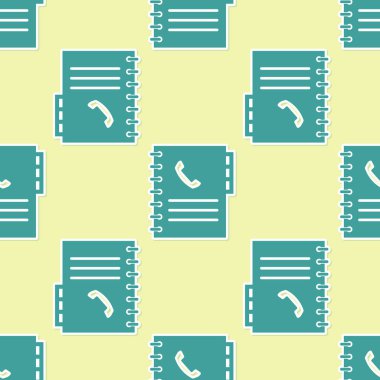 Yeşil Telefon kitap simgesi sarı arka plan üzerinde sorunsuz desen izole. Adres defteri. Telefon rehberi. Vektör İllüstrasyonu