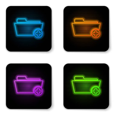 Beyaz arka planda yalıtılmış sağlık simgesi için parlayan neon Tıbbi sistem kaydı klasörü. Hasta dosya simgesi. Tıbbi tarih sembolü. Siyah kare düğme. Vektör İllüstrasyonu