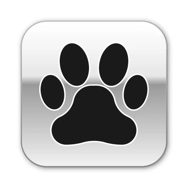 Ícone de impressão Black Paw isolado no fundo branco. Impressão de pata de cão ou gato. Pista animal. Botão quadrado de prata. Ilustração vetorial — Vetor de Stock