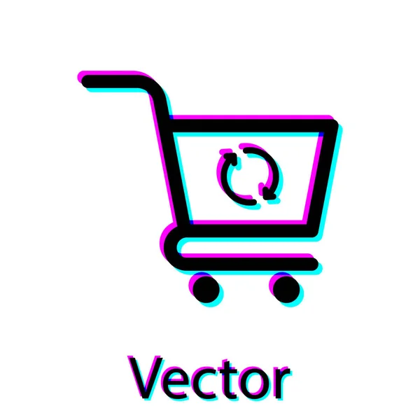 Negro Refrescar icono de la cesta de la compra aislado sobre fondo blanco. Concepto de compra en línea. Señal de entrega. Actualizar símbolo de cesta de supermercado. Ilustración vectorial — Vector de stock