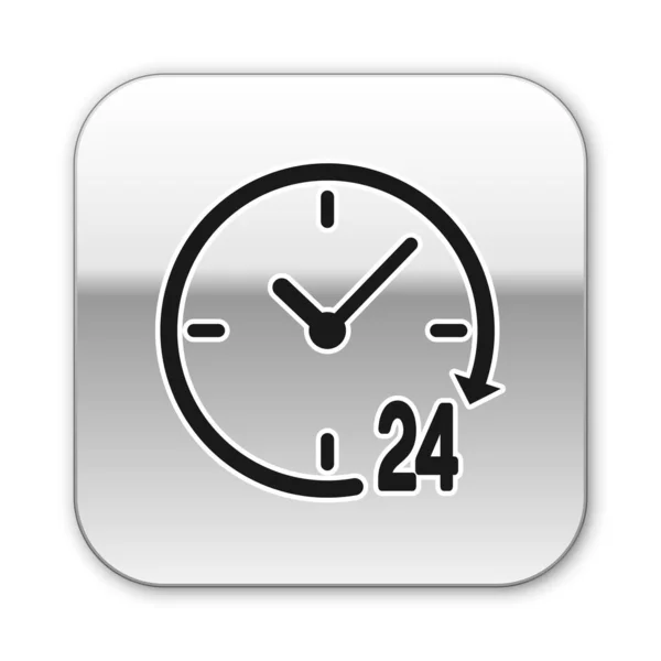 Black Clock 24 Stunden Symbol isoliert auf weißem Hintergrund. Ganztägig zyklische Ikone. 24 Stunden Service-Symbol. Silberner quadratischer Knopf. Vektorillustration — Stockvektor