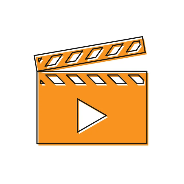 Orangefarbenes Filmklappsymbol auf weißem Hintergrund. Filmplatten-Ikone. Klappschild. Kinoproduktion oder Medienindustriekonzept. Vektorillustration — Stockvektor