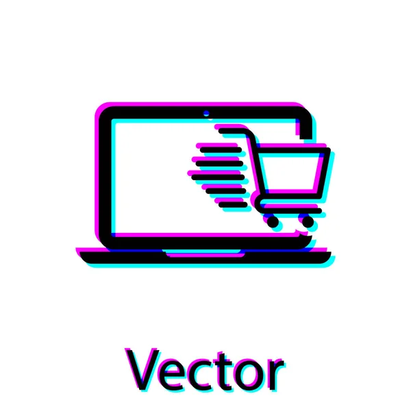 Schwarzer Warenkorb auf dem Bildschirm Laptop-Symbol isoliert auf weißem Hintergrund. Konzept E-Commerce, E-Business, Online Business Marketing. Vektorillustration — Stockvektor