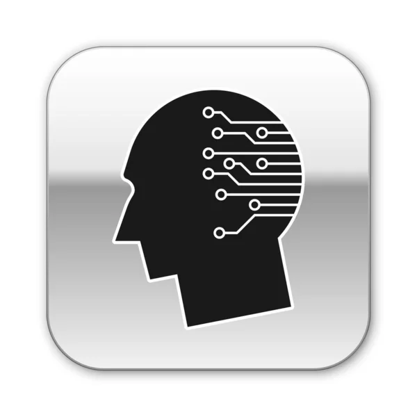 Cerebro humano negro como icono de placa de circuito digital aislado sobre fondo blanco. Inteligencia artificial. Esquema de cabeza humana con líneas de circuito dentro. Botón cuadrado plateado. Ilustración vectorial — Archivo Imágenes Vectoriales