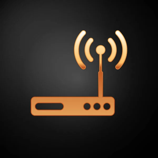 Routeur or et symbole de signal wi-fi icône isolée sur fond noir. Routeur de modem Ethernet sans fil. Internet informatique. Illustration vectorielle — Image vectorielle