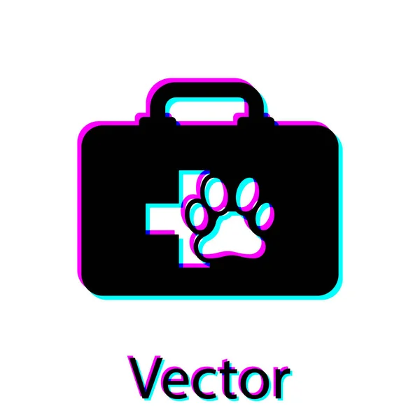 Icono del kit de primeros auxilios Black Pet aislado sobre fondo blanco. Huella de pata de perro o gato. Clínica. Ilustración vectorial — Vector de stock