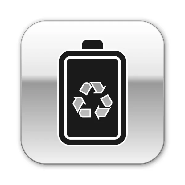 Svart batteri med Recycle symbol linje ikon isolerad på vit bakgrund. Batteri med återvinningssymbol-förnybar energikoncept. Silver fyrkantig knapp. Vektor illustration — Stock vektor