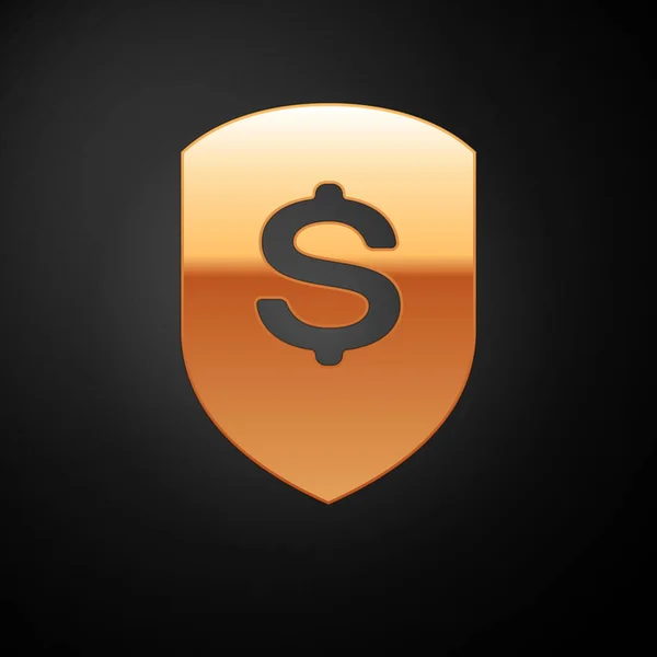 Gold Shield och dollar ikonen isolerad på svart bakgrund. Skydd för säkerhetssköld. Pengar säkerhetskoncept. Vektor illustration — Stock vektor