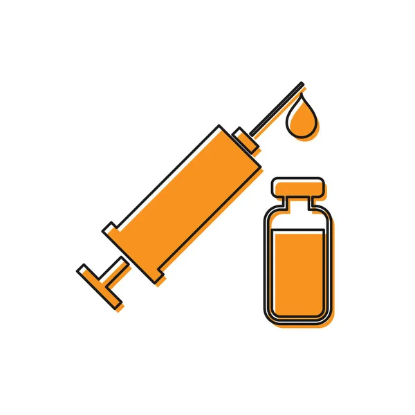 Jeringa Orange Medical con aguja e icono de vial o ampolla aislado sobre fondo blanco. Vacunación, inyección, vacuna, concepto de insulina. Ilustración vectorial — Archivo Imágenes Vectoriales