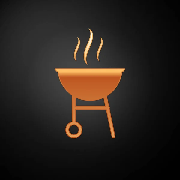 Gold icona griglia barbecue isolato su sfondo nero. Barbecue party. Illustrazione vettoriale — Vettoriale Stock