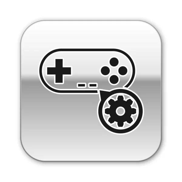 Siyah Gamepad ve dişli simgesi beyaz arka plan üzerinde izole. Uygulama, servis konsepti, ayar seçenekleri, bakım, onarım, sabitleme ayarlama. Gümüş kare düğme. Vektör İllüstrasyonu — Stok Vektör