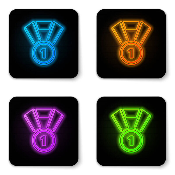 Glowing neon Medal icon isolated on white background. Winner symbol. Black square button. Vector Illustration