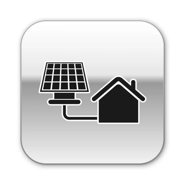 Casa Negra con icono de panel solar aislado sobre fondo blanco. Ecología, energía solar renovable. Casa respetuosa con el medio ambiente. Protección Ambiental. Botón cuadrado plateado. Ilustración vectorial — Archivo Imágenes Vectoriales