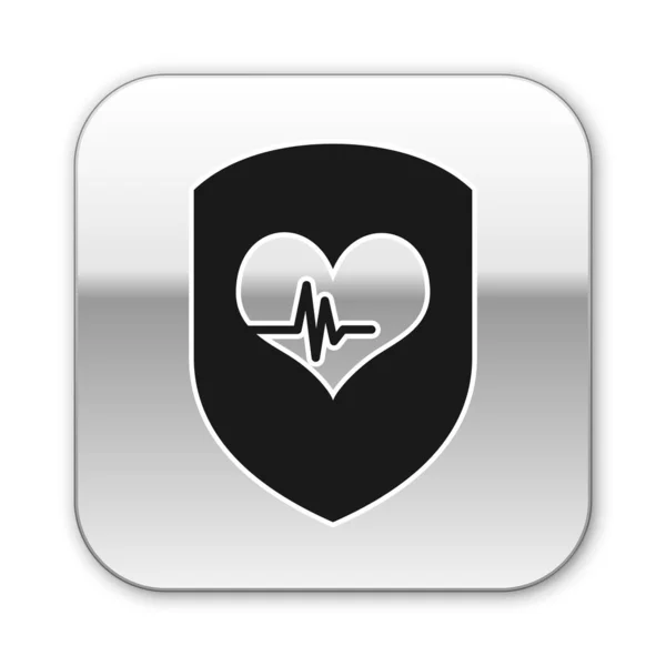 Escudo negro e icono de frecuencia cardíaca aislados sobre fondo blanco. Concepto de protección de la salud Salud. Botón cuadrado plateado. Ilustración vectorial — Vector de stock
