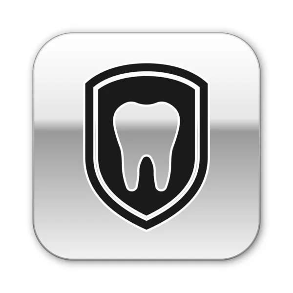 Schwarzes Zahnschutzsymbol isoliert auf weißem Hintergrund. Zahn auf Schild-Logo-Symbol. Silberner quadratischer Knopf. Vektorillustration — Stockvektor