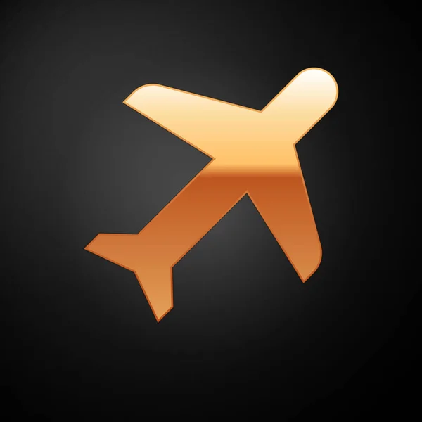 Ikona Gold Plane jest odizolowana na czarnym tle. Latająca ikona samolotu. Znak Airliner. Ilustracja wektorowa — Wektor stockowy