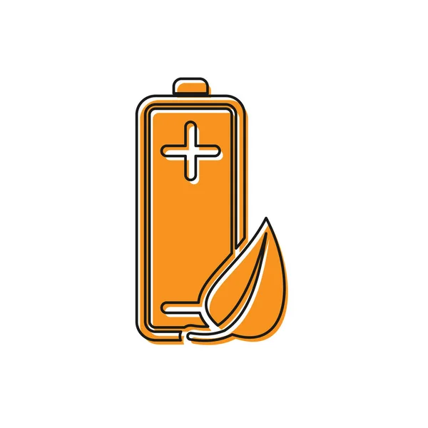 Orangefarbenes Öko-Naturblatt und Batterie-Symbol isoliert auf weißem Hintergrund. Energie basierend auf ökologischem Sparkonzept. Vektorillustration — Stockvektor