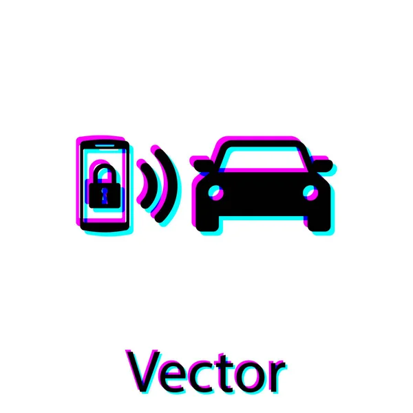 Icono del sistema de alarma de coche inteligente negro aislado sobre fondo blanco. El teléfono inteligente controla la seguridad del coche en el inalámbrico. Ilustración vectorial — Vector de stock