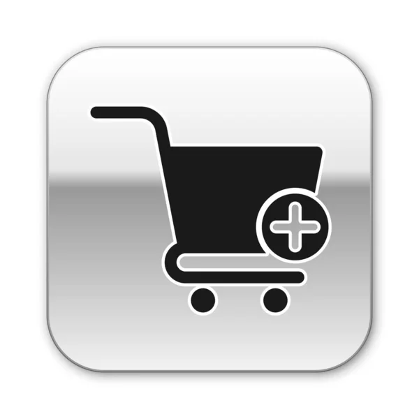 Fekete Add to Shopping cart ikon elszigetelt fehér háttér. Online vásárlási koncepció. Kézbesítőtábla. Szupermarket kosár szimbólum. Ezüst négyzet gomb. Vektorillusztráció — Stock Vector