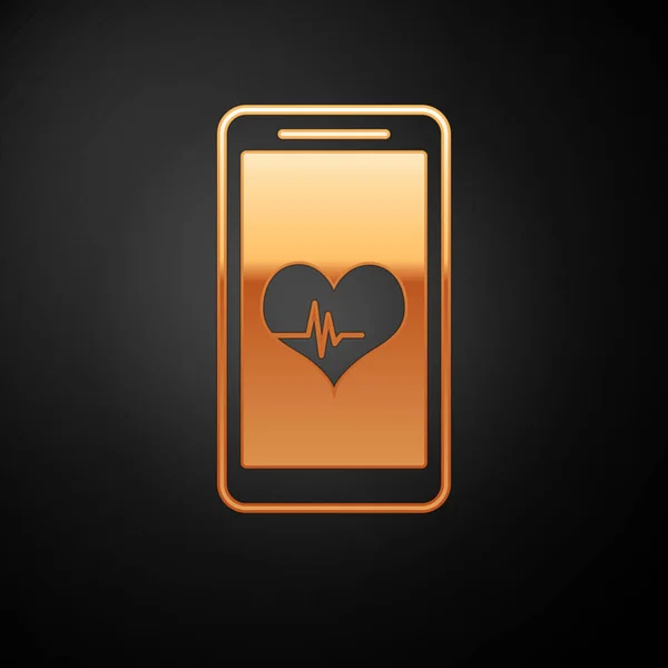Χρυσό smartphone με εικονίδιο λειτουργίας παρακολούθησης καρδιακών παλμών απομονώνεται σε μαύρο φόντο. Απεικόνιση διανυσματικών φορέων — Διανυσματικό Αρχείο