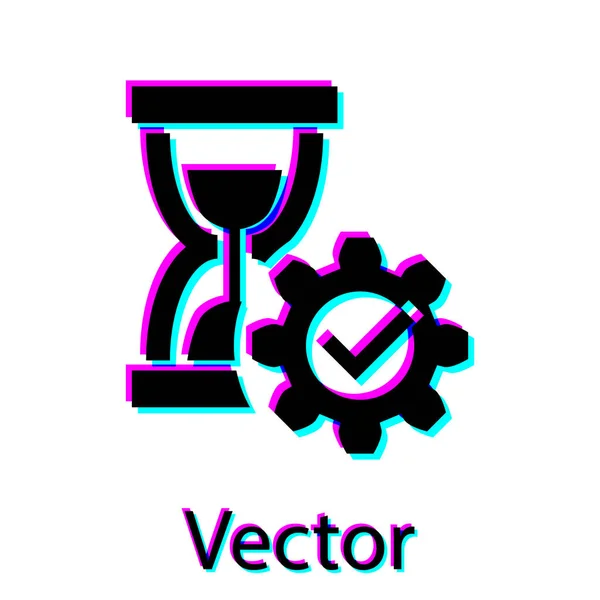 Schwarze Sanduhr und Getriebesymbol isoliert auf weißem Hintergrund. Zeitmanagement-Symbol. Uhr und Getriebesymbol. Produktivitätssymbol. Vektorillustration — Stockvektor