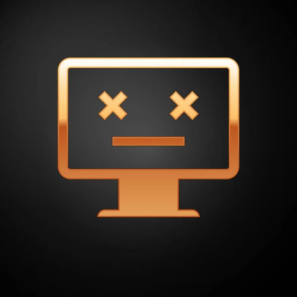 Gold Dead monitor icon isolated on black background. 404 error like pc with dead emoji. Fatal error in pc system. Vector Illustration — Stock Vector