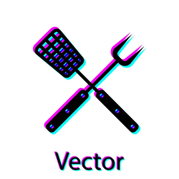 Negro Cruzado tenedor y espátula icono aislado sobre fondo blanco. Tenedor de barbacoa y signo de espátula. Barbacoa y parrilla. Ilustración vectorial — Vector de stock