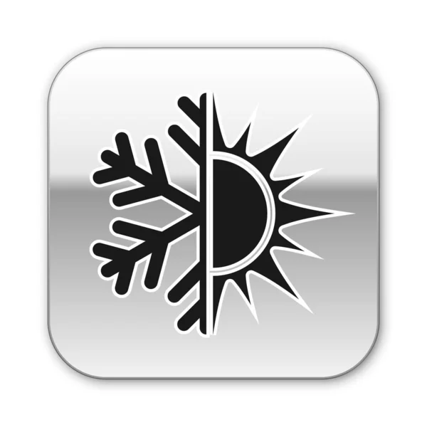 Negro Símbolo frío y caliente. Icono de sol y copo de nieve aislado sobre fondo blanco. Símbolo de invierno y verano. Botón cuadrado plateado. Ilustración vectorial — Vector de stock