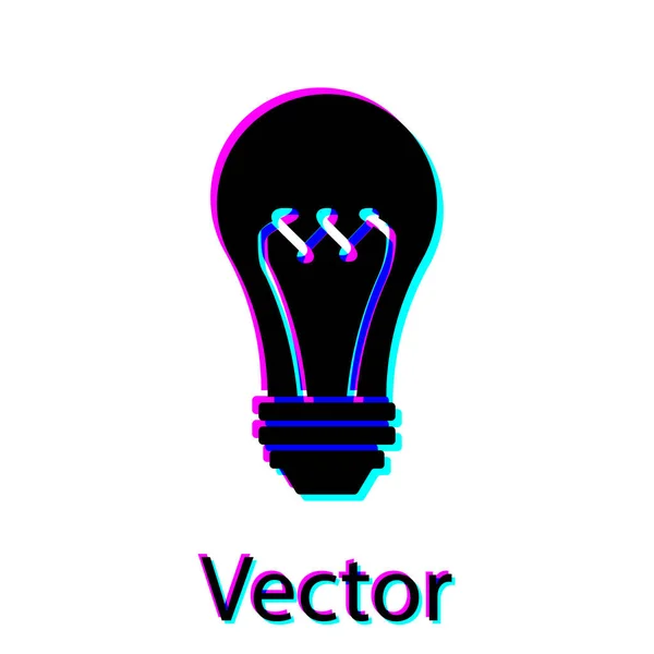 Icono de bombilla negra aislado sobre fondo blanco. Símbolo de energía e idea. Lámpara eléctrica. Ilustración vectorial — Vector de stock