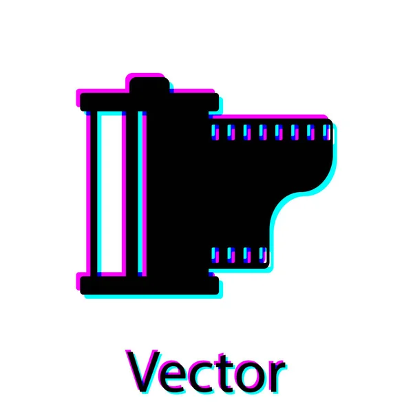 Черная камера винтажная пленка рулон картриджа значок изолирован на белом фоне. Reel icon. Пленка 35 мм. Стриптиз фотоаппаратуры. Векторная миграция — стоковый вектор