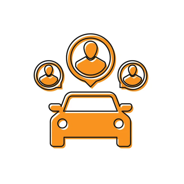 橙色汽车共享与人群图标隔离在白色背景。汽车共享标志。运输租赁服务理念。矢量插图 — 图库矢量图片