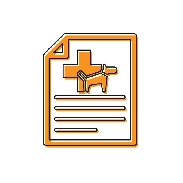 Certificado médico naranja para viajar con icono de perro o gato aislado sobre fondo blanco. Documento para mascotas. Ilustración vectorial — Archivo Imágenes Vectoriales