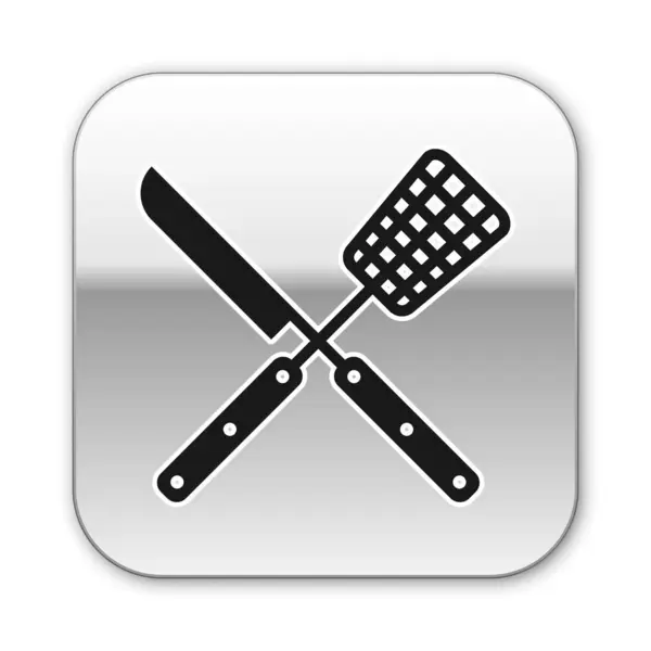 Black Crossed garfo e faca ícone isolado no fundo branco. Garfo de churrasco e sinal de faca. Ferramentas de churrasco e grelhador. Botão quadrado de prata. Ilustração vetorial — Vetor de Stock