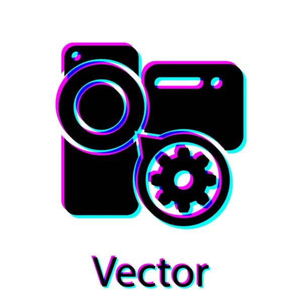 Black Video camera and gear icon isolated on white background. Adjusting app, service concept, setting options, maintenance, repair, fixing. Vector Illustration — Stock Vector