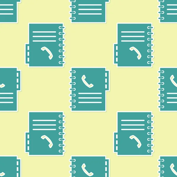 Groene telefoonlijst pictogram geïsoleerd naadloos patroon op gele achtergrond. Adresboek. Telefoonmap. Vector illustratie — Stockvector