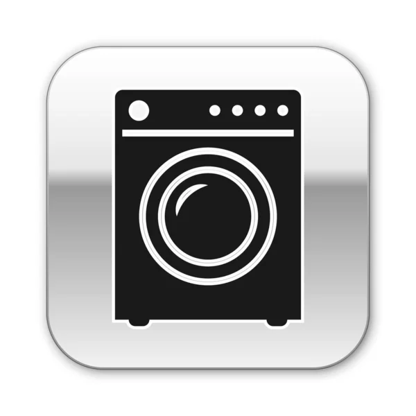 白い背景に隔離された黒い洗濯機のアイコン。洗濯機のアイコン。衣類洗濯機 - 洗濯機。家電製品のシンボル。シルバーの正方形のボタン。ベクトルイラストレーション — ストックベクタ