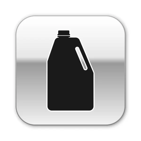 Negro Productos químicos del hogar icono de la botella de plástico en blanco aislado sobre fondo blanco. Detergente líquido o jabón, removedor de manchas, blanqueador de ropa. Botón cuadrado plateado. Ilustración vectorial — Vector de stock