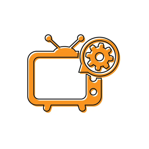 Orangefarbener Fernseher und Schaltgetriebe auf weißem Hintergrund. Fernsehdienstleistungskonzept. App anpassen, Optionen einstellen, Wartung, Reparatur, Reparatur. Vektorillustration — Stockvektor