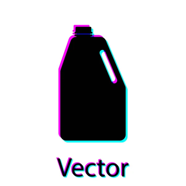 Negro Productos químicos del hogar icono de la botella de plástico en blanco aislado sobre fondo blanco. Detergente líquido o jabón, removedor de manchas, blanqueador de ropa. Ilustración vectorial — Vector de stock