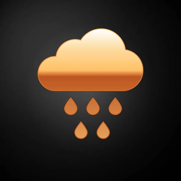 Gold Cloud with rain icon isolated on black background. Rain cloud precipitation with rain drops. Vector Illustration — Stock Vector