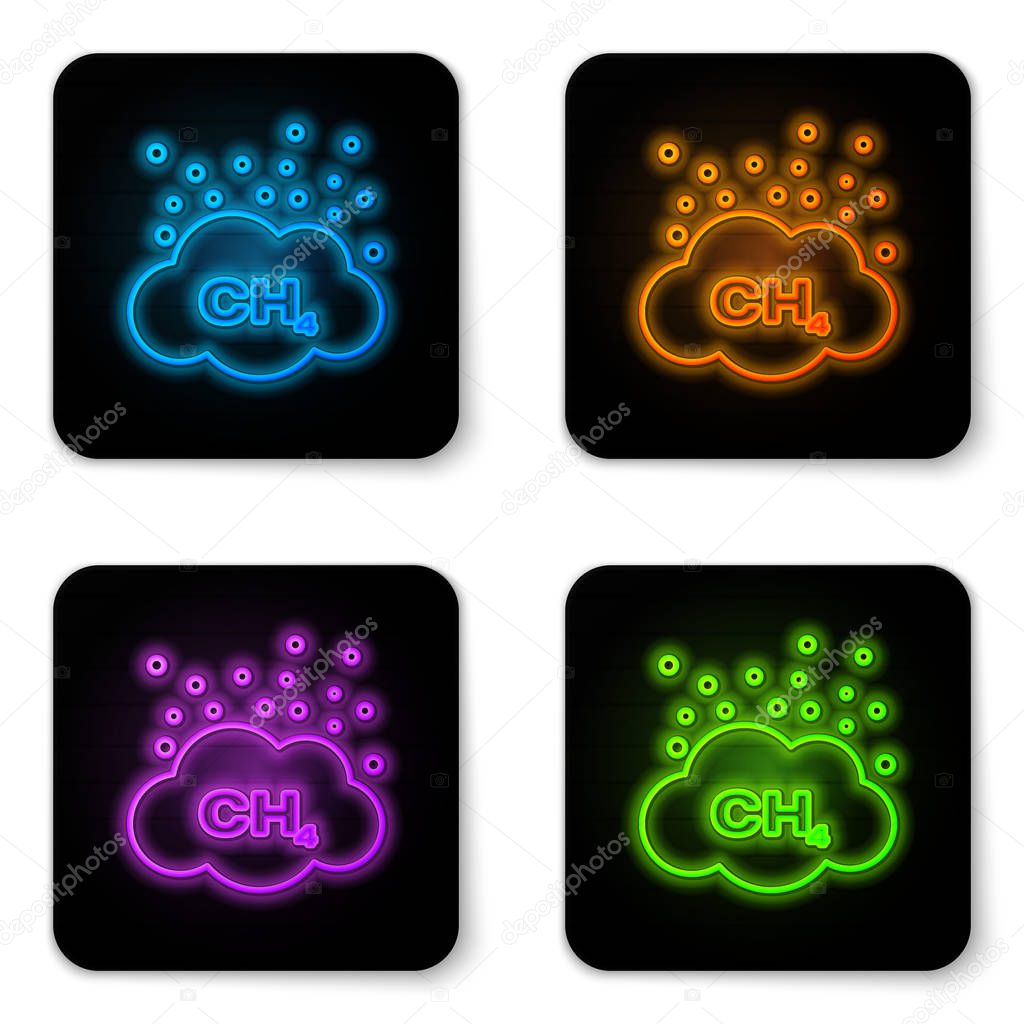 Glowing neon Methane emissions reduction icon isolated on white background. CH4 molecule model and chemical formula. Marsh gas. Natural gas. Black square button. Vector Illustration